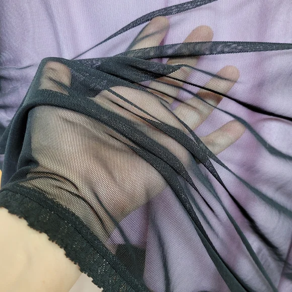 Vintage 90s Whimsigoth Lilac Slip Dress Black Mesh Overlay Asymmetrical Large - Picture 7 of 15